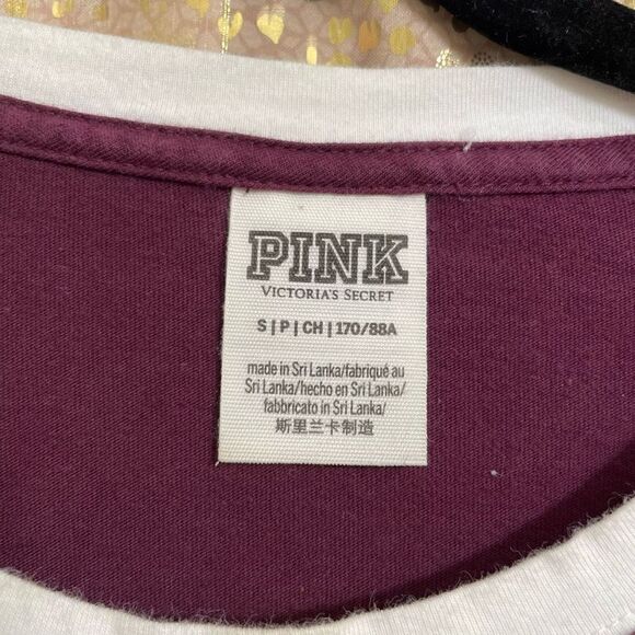 PINK Victorias Secret Maroon White Colorblock Campus Long Sleeve Shirt, Small - Picture 3 of 3